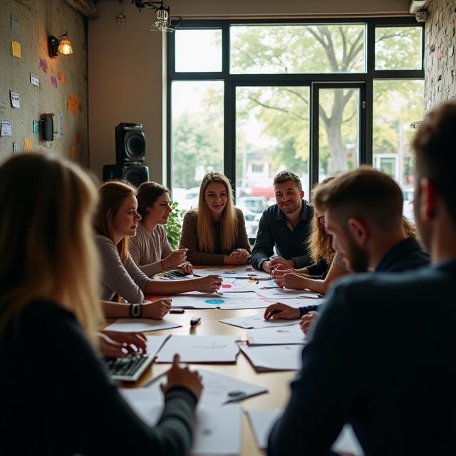 Equipe colaborando em projeto criativo no estúdio