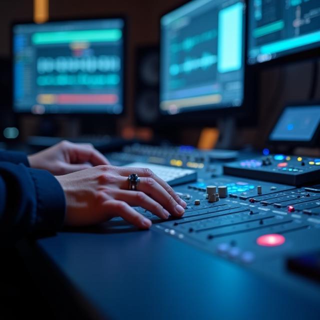 Técnico editando faixas em estação de trabalho de áudio